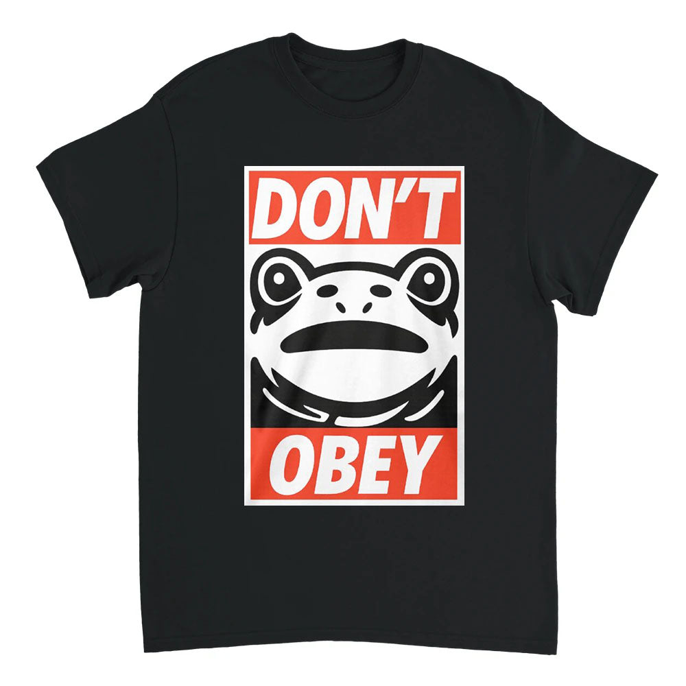 Black t-shirt with a graphic design featuring a frog and text on a white background