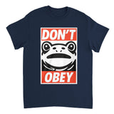 Navy blue t-shirt with a graphic design featuring a frog and text on a white background