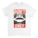 White t-shirt with a graphic design featuring a frog and text on a white background