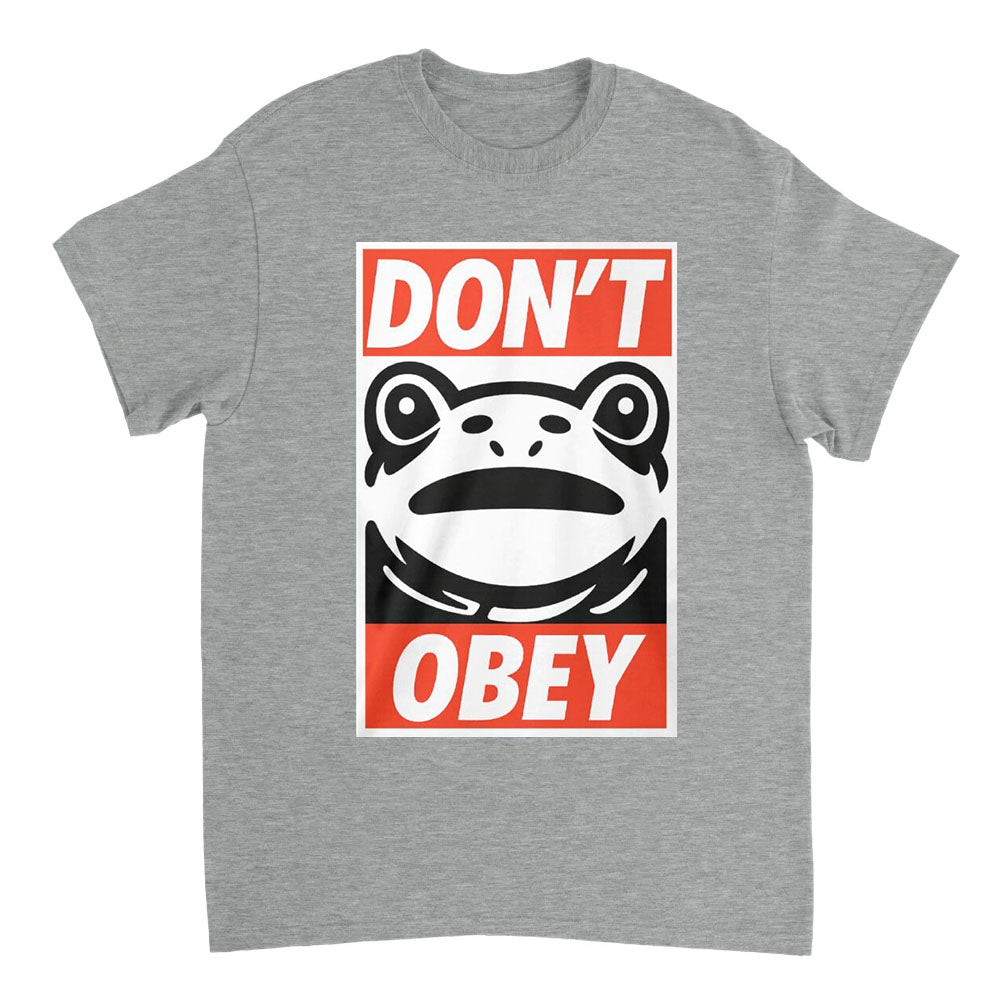 Gray t-shirt with a graphic design featuring a frog and text on a white background