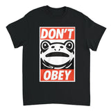 Black t-shirt with a graphic design featuring a frog and text on a white background
