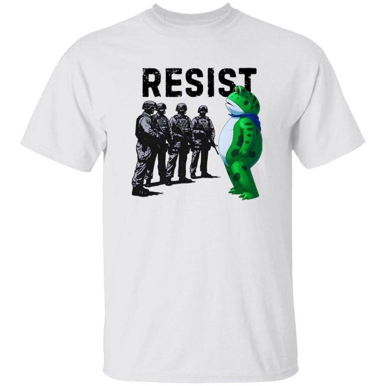 White t-shirt with graphic of soldiers and a dinosaur, featuring the word 'RESIST'.