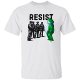White t-shirt with graphic of soldiers and a dinosaur, featuring the word 'RESIST'.