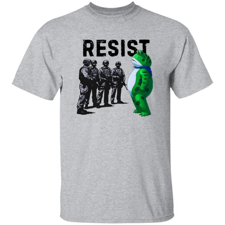 Gray t-shirt with graphic of soldiers and a dinosaur, featuring the word 'RESIST'.