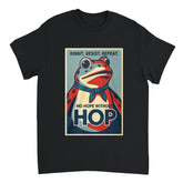 Black t-shirt with a colorful frog graphic and text on a white background