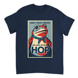 Navy blue t-shirt with a graphic of a frog and text on a white background