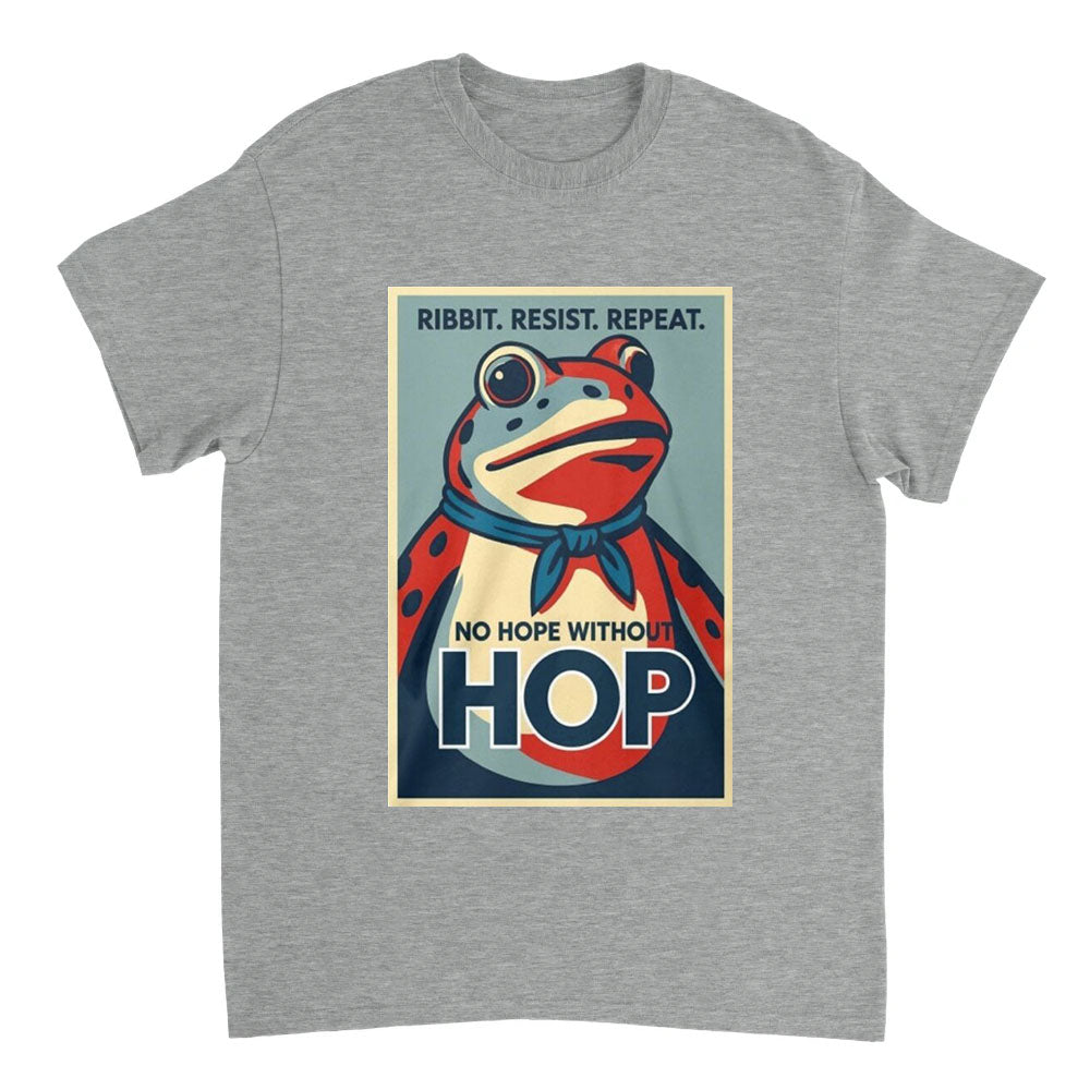 Gray t-shirt with a graphic of a frog and political-style text on a white background