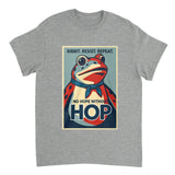 Gray t-shirt with a graphic of a frog and political-style text on a white background