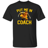 Black t-shirt with a graphic of a character and 'Put Me In Coach' text on a white background