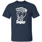 Navy blue t-shirt with white graphic and text on a white background