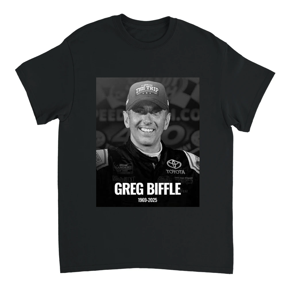 Black t-shirt with a graphic of Greg Biffle and text on a white background