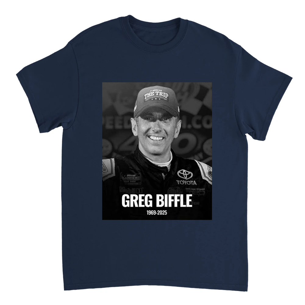 Navy blue t-shirt with a graphic of Greg Biffle and text on a white background