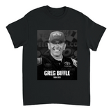 Black t-shirt with a graphic of Greg Biffle and text on a white background