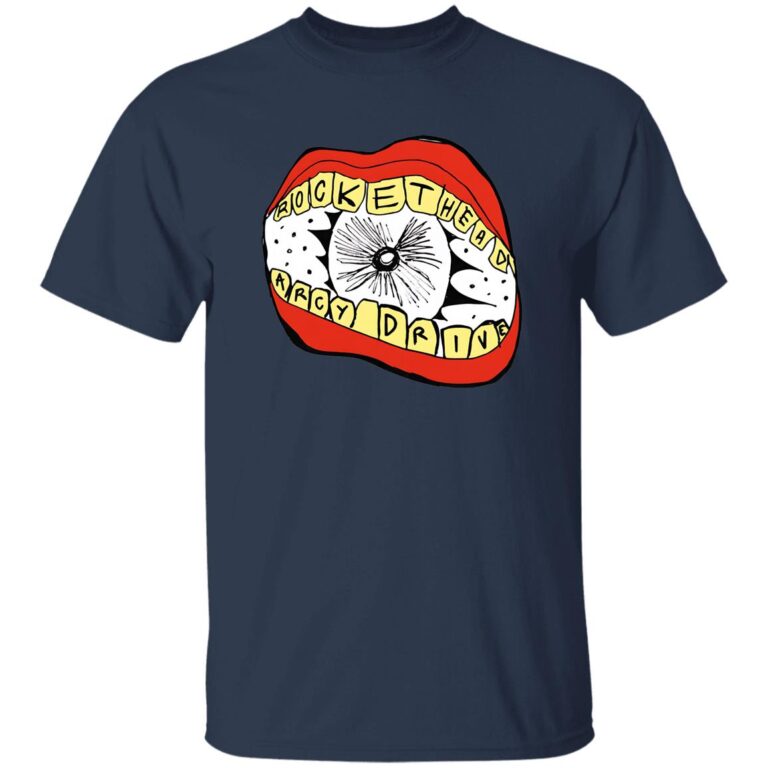 Navy blue t-shirt with a graphic design of a mouth with teeth on a white background