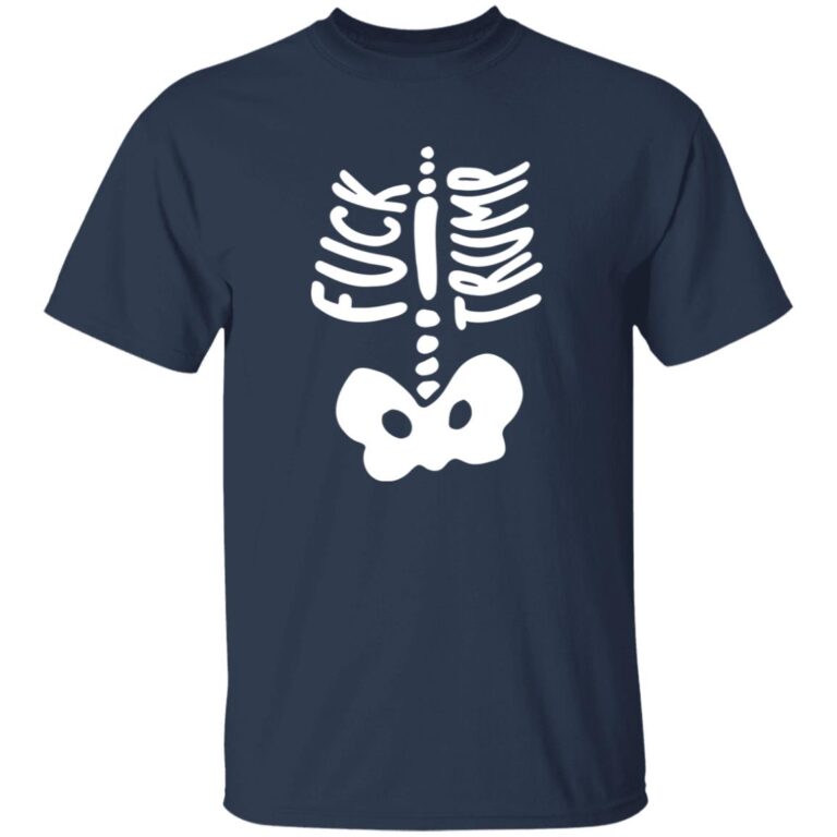 Navy blue t-shirt with white skeleton design and text on a white background