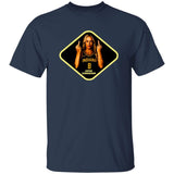 Navy blue t-shirt with a graphic of a person in a yellow diamond shape on a white background