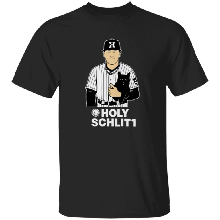 Black t-shirt with a graphic of a person holding a cat and text 'HOLY SCHLIT1' on a white background