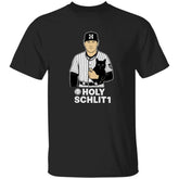 Black t-shirt with a graphic of a person holding a cat and text 'HOLY SCHLIT1' on a white background