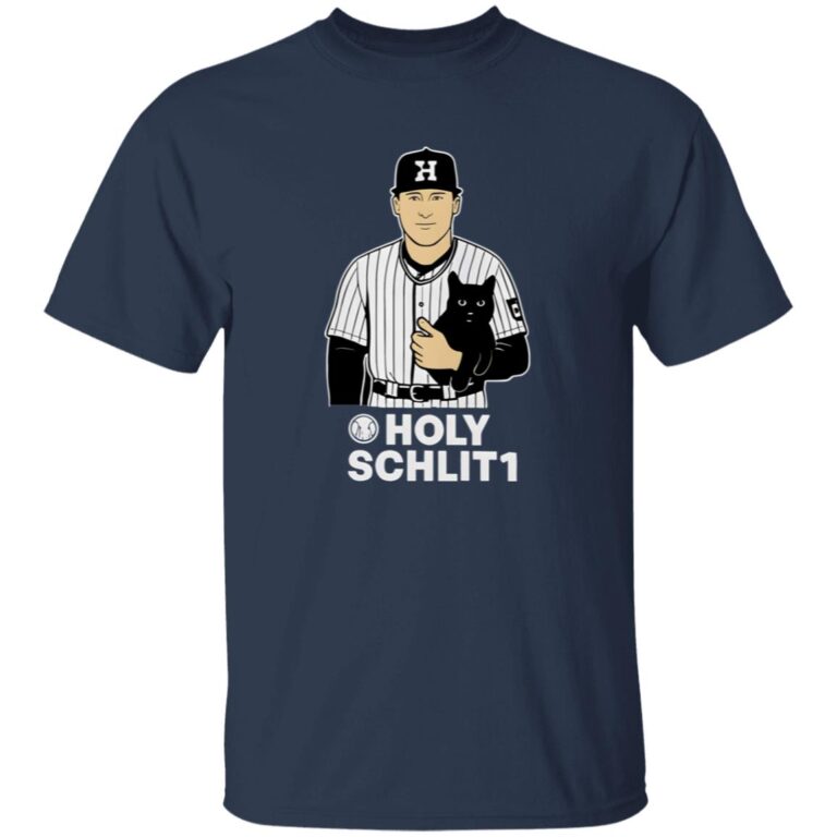 Navy blue t-shirt with a graphic of a person holding a black cat and text 'HOLY SCHLIT1' on a white background.