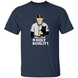 Navy blue t-shirt with a graphic of a person holding a black cat and text 'HOLY SCHLIT1' on a white background.