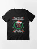 Black Steve Harrington t-shirt with Christmas-themed graphic and text "All I Want For Christmas Is For Steve To Survive" on a white background