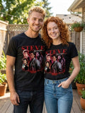 Two people wearing black Steve Harrington Shirt with a graphic of a famous actor, standing outdoors.