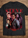 Black Steve Harrington Shirt with 'Stranger Things' character design on a wooden surface