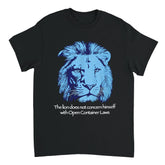 Black t-shirt with blue lion graphic and white text on a white background