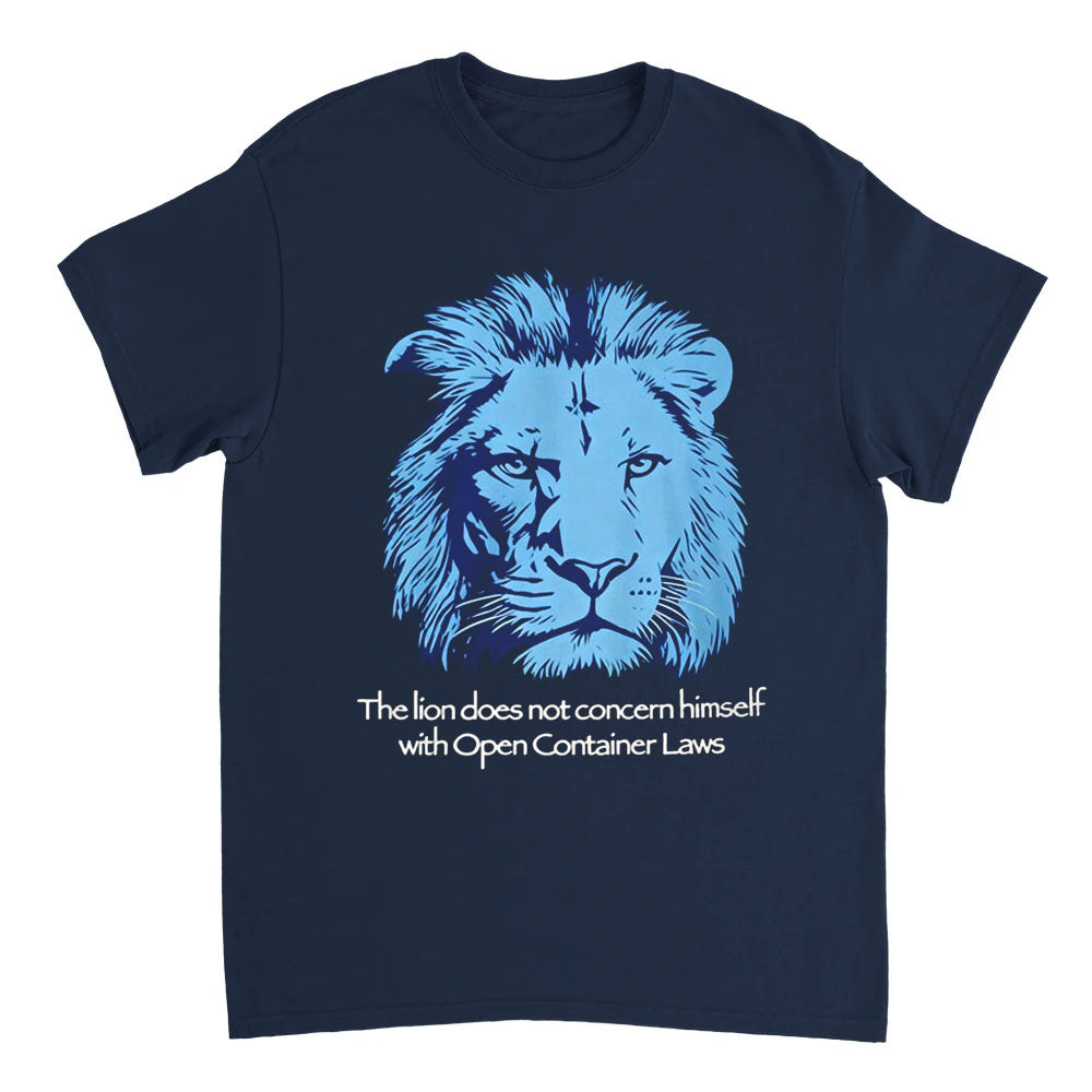 Navy blue t-shirt with a blue lion graphic and text on a white background