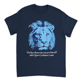 Navy blue t-shirt with a blue lion graphic and text on a white background