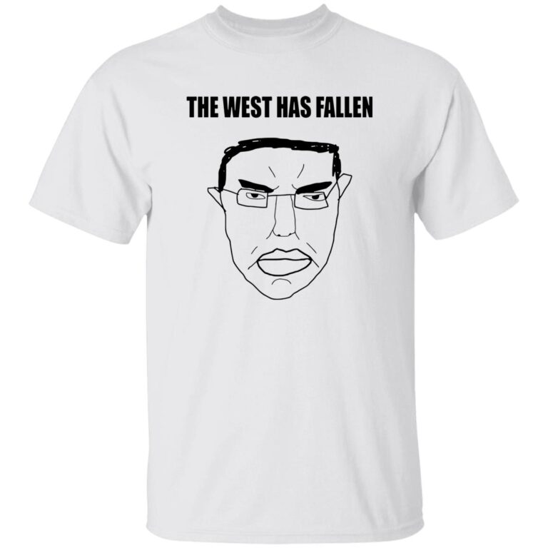 White t-shirt with a graphic of a face and text 'THE WEST HAS FALLEN' on a white background