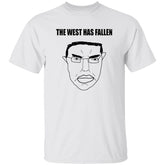 White t-shirt with a graphic of a face and text 'THE WEST HAS FALLEN' on a white background