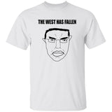White t-shirt with a graphic of a face and text 'THE WEST HAS FALLEN' on a white background
