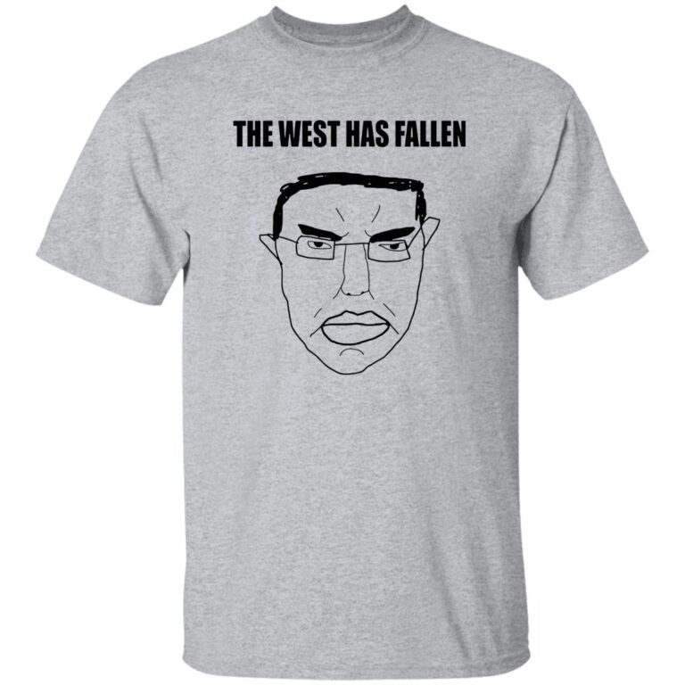 Gray t-shirt with a graphic of a face and 'The West Has Fallen' text on a white background