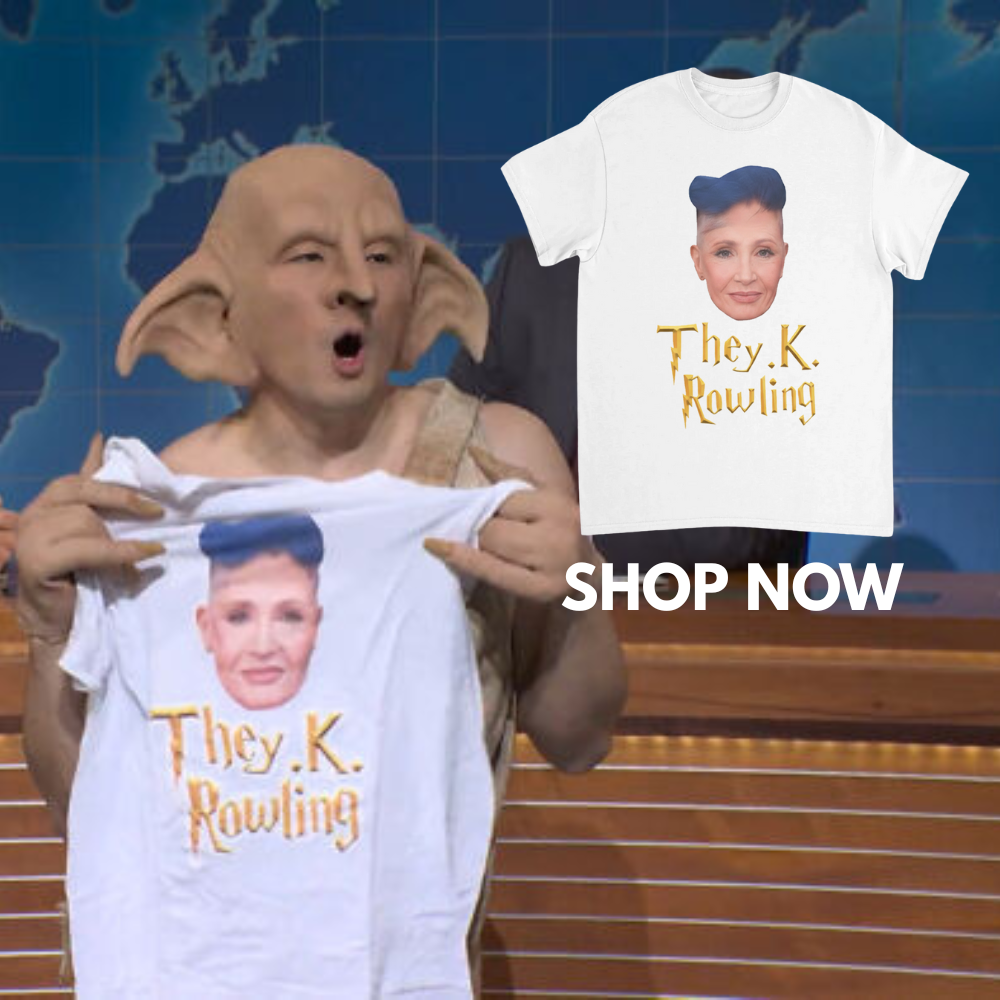 Person wearing a costume with a shirt displaying 'They.K.Rowling' text, with a map of Europe in the background.