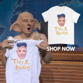 Person wearing a costume with a shirt displaying 'They.K.Rowling' text, with a map of Europe in the background.