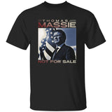 Black t-shirt with a graphic of a person and text 'Thomas Massie Not for Sale' on a white background