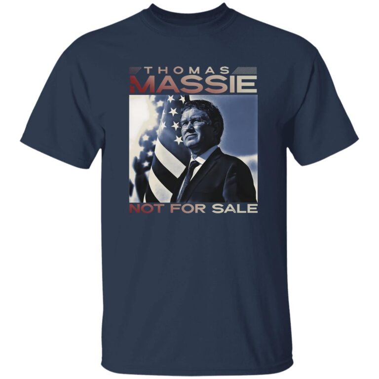 Navy blue t-shirt with a graphic of a man holding an American flag and text 'THOMAS MASSIE NOT FOR SALE' on a white background.
