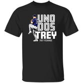 Black t-shirt with a graphic of a baseball player and text on a white background
