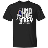 Black t-shirt with a graphic of a baseball player and text on a white background