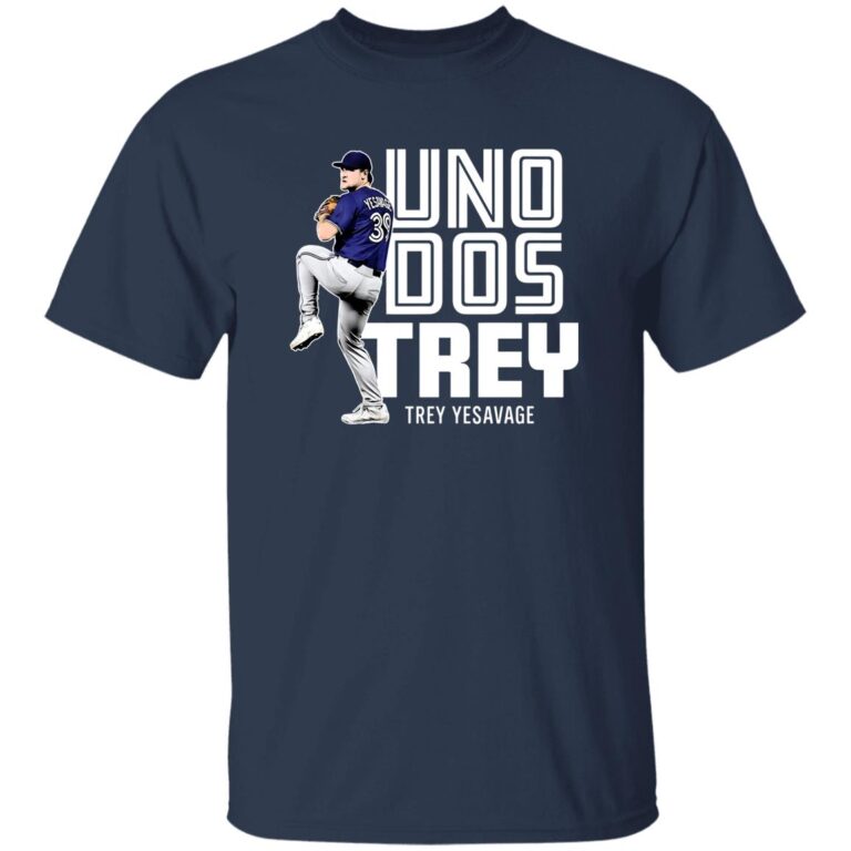 Navy blue t-shirt with a graphic of a baseball player and text on a white background