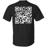 Black t-shirt with a white QR code on the back against a white background