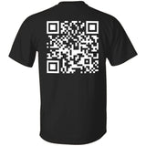 Black t-shirt with a white QR code on the back against a white background