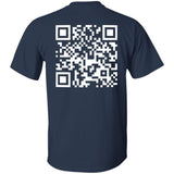 Navy blue t-shirt with a QR code on the back against a white background