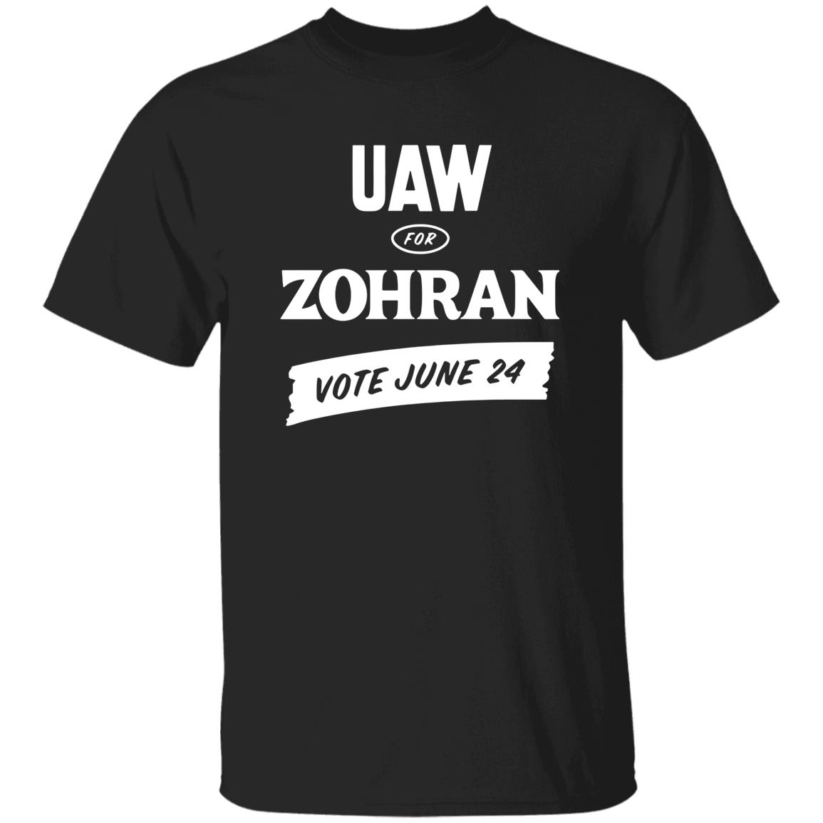 Black t-shirt with white text 'UAW FOR ZOHran VOTE JUNE 24' on a white background