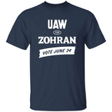 Navy blue t-shirt with white text 'UAW FOR ZOHran VOTE JUNE 24' on a white background