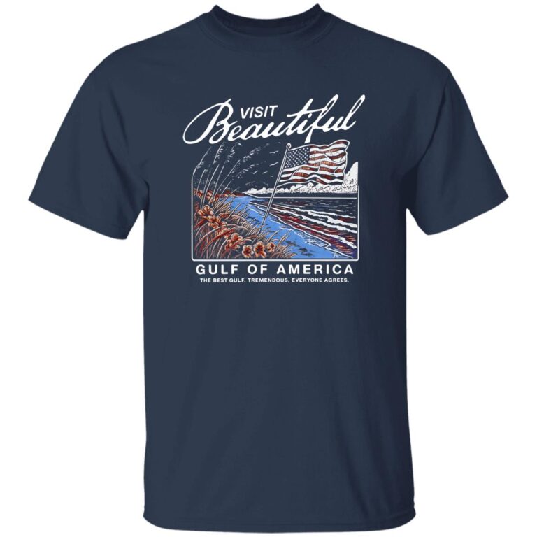 Navy blue t-shirt with a graphic design of a beach scene and American flag, featuring text 'Visit Beautiful Gulf of America'.