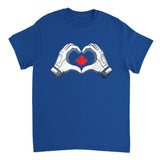 Blue t-shirt with white hands forming a heart shape with a red maple leaf in the center on a white background.