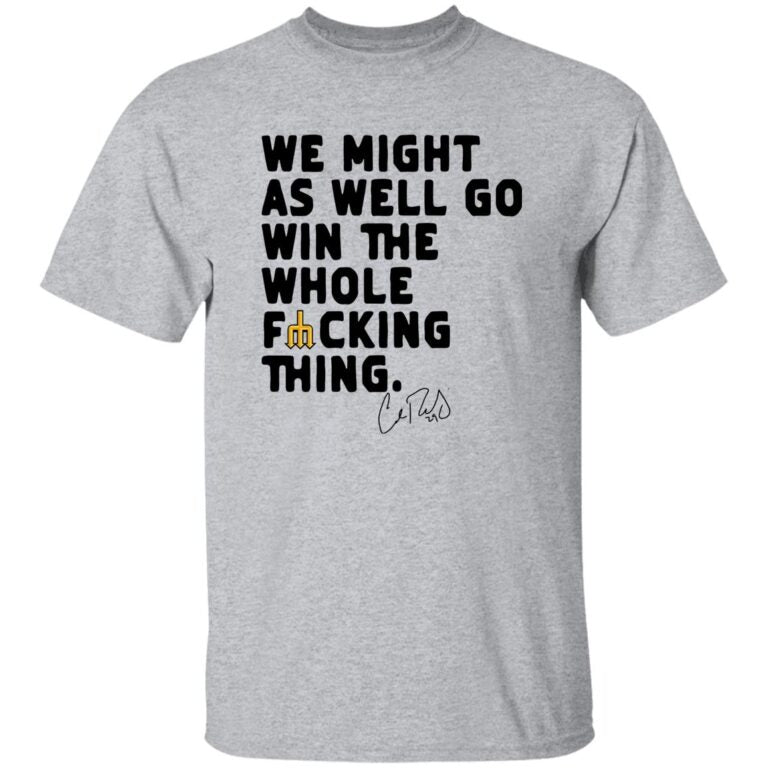 Gray t-shirt with black text and a signature on a white background