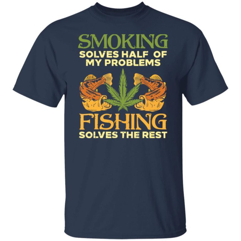 Navy blue t-shirt with fishing and cannabis-themed graphic and text on a white background